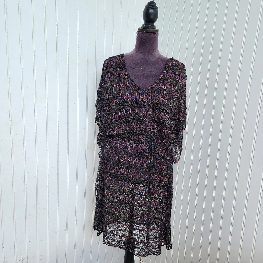 Womens Black Multi Sheer Crochet Lace  Dress Pool Coverup Strerch Drawstring M/L